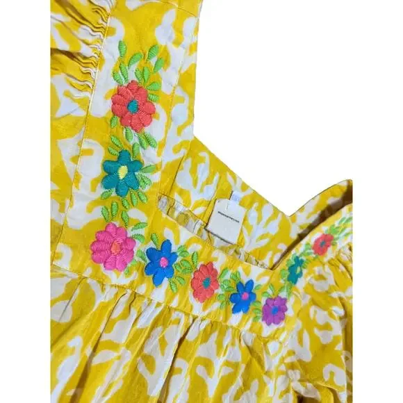 Sister Mary Beautiful Ruffle Sleeve Top Sz Medium Embroidered Yellow Boho Cotton